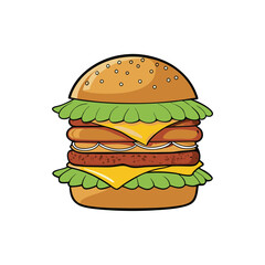 Delicious triple layer burger with bacon cheese and pickles illustration