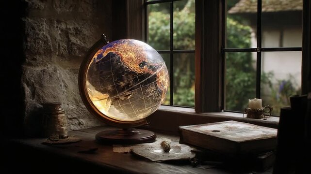 A vintage-style globe sits on a windowsill, illuminating a room filled with antique objects and soft light.