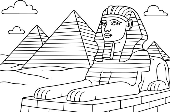 hand drawn vector doodle illustration of great pyramids and sphinx coloring page for kids line art
