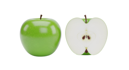 Crisp granny smith apple, whole and halved fruit