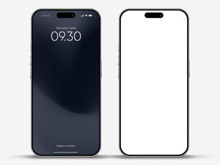 Realistic smartphone mockup. Mobile phone vector with isolated on white background. Device front view. 3D mobile phone with shadow. Realistic, high quality smart phone mockup for ui ux presentation.