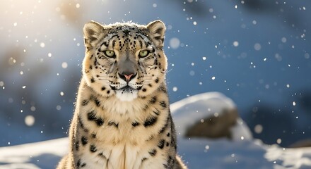 Obraz premium A majestic snow leopard with striking eyes sits calmly in a snowy, winter landscape as snowflakes gently fall around it.