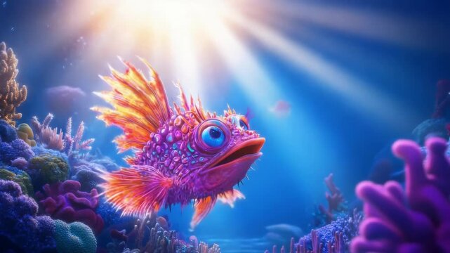 Cute coral reef fish swims in the blue ocean lit by sun rays with bubble, an imaginary marine animal in fictional aquatic world concept graphic art.