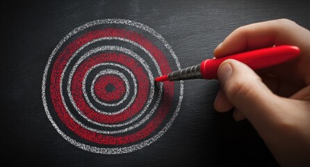 Hand draws concentric circles, red lines, on a dark chalkboard