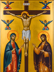 Fototapeta premium PIACENZA, ITALY - MAY 21, 2025: The icon of Crucifixion in the church Chiesa di San Sepolcro (Romanian orthodox) by unknown artist of 20. cent.