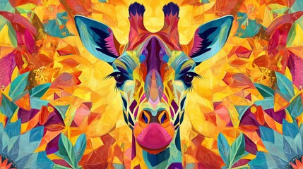 A giraffe face is framed by vibrant, geometric patterns, creating a bold, abstract portrait. The image captures creativity, color, and artistic flair.