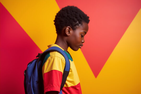 A young african american schoolboy with short curly hair is posing thoughtfully against a bold red and yellow backdrop, ready for a school day with his backpack - Back to school day. Generative AI - Powered by Adobe
