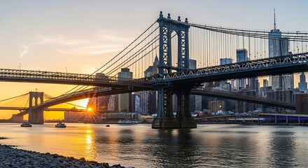 Fototapeta premium Manhattan Bridge and New York City Skyline at Sunrise.