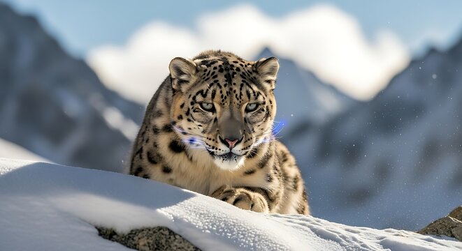 A majestic snow leopard rests on a snowy mountain ridge, its piercing gaze fixed forward.