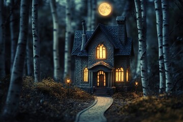 A gothic-style house, bathed in warm light, nestled within a dark forest at night, under a full moon.