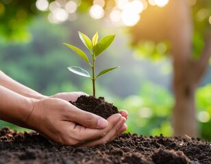 Photo of hands planting small tree seedling in hands cupped, soil visible, luz suave, vegetação de fundo borrada, alta resolução, natureza, ecologia, esperança.
