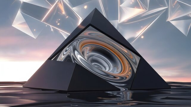 Pyramid with missing side revealing swirling vortex – Ideal for surreal art, abstract design, or conceptual branding - Powered by Adobe