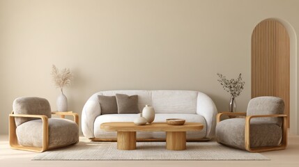 Cozy beige living room with rounded couch, wooden accents, and two armchairs