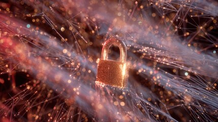 Intricate wireframe padlock with glowing abstract network and shimmering lights