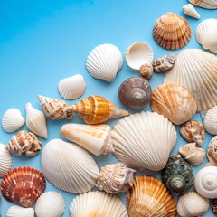 Assorted seashells on a blue background (2)