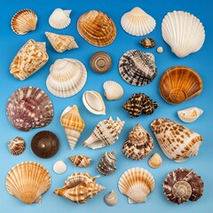 Assorted seashells on a blue background