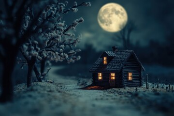 A tiny log cabin, nestled in a snowy landscape under a full moon, glows with warm light from its windows.