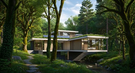 Modern eco-friendly house nestled within a lush green forest landscape with solar panels providing