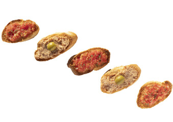 Sandwich. Tapas. Appetizer with tomatoes, olives and pate 