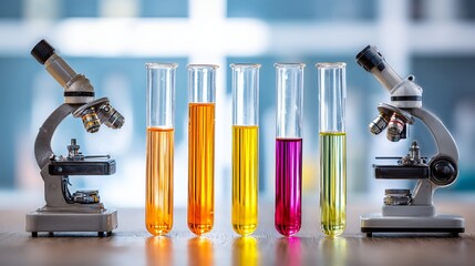Vibrant liquid samples in test tubes with microscopes creating dynamic scientific research visuals for innovation and discovery