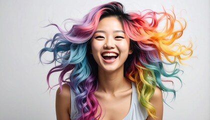 Obraz premium A vibrant portrait of a woman with joyfully expressive eyes and a radiant smile, showcasing a stunning array of rainbow colored curls.