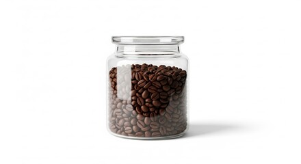 A captivating close-up of a clear glass jar filled to the brim with rich, brown coffee beans, offering a warm and inviting visual for coffee enthusiasts and design projects alike.