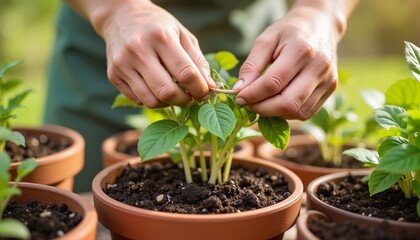 Hands caring for young plants in terracotta pots in garden  