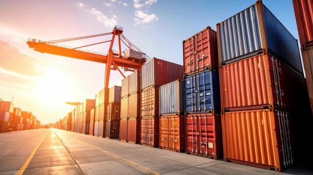 Shipping containers stacked in port terminal with crane at sunrise for global logistics, imports, exports