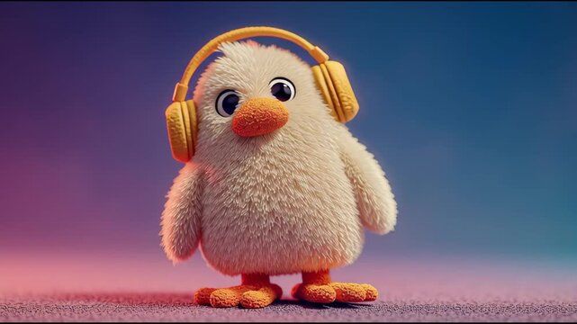 a cute stuffed animal character wearing large yellow headphones, standing on a colorful background