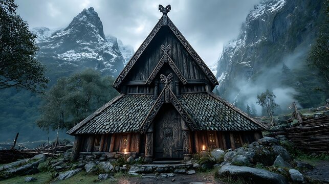 Ancient Viking longhouse nestled in misty, snow-capped mountains