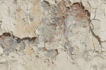 Fototapeta premium A weathered, light beige plaster wall displays deep, intricate cracks and remnants of faded paint.
