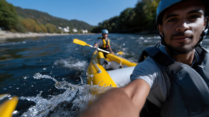 Two kayakers navigating through a lively river, capturing the thrill and beauty of outdoor adventures and the connection between humans and nature.