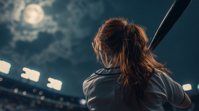 Female baseball player preparing to bat under stadium lights at night 
