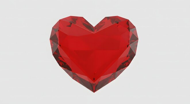 A faceted red heart shaped gem resting on a plain white surface with soft lighting and sharp edges