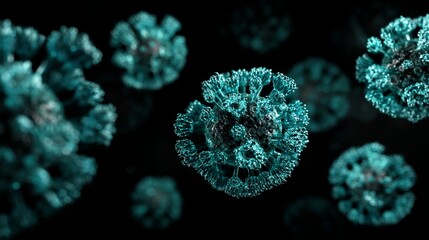 Microscopic view of glowing turquoise COVID-19 virus particles menacingly floating in dark scientific laboratory space