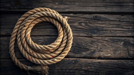 Coiled rope on aged wooden planks. Suitable for nautical, rustic, or vintagethemed projects, backgrounds, or designs.