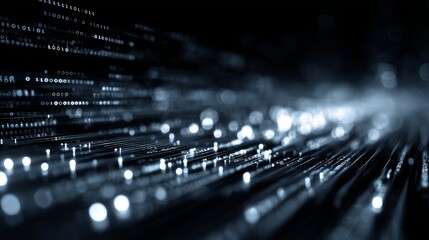 Dynamic digital data stream flowing through abstract futuristic network with glowing binary code and bokeh lights