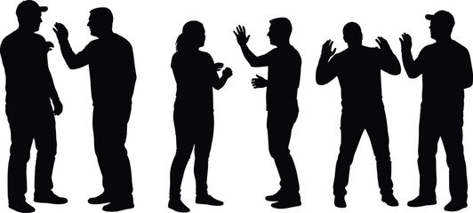 Silhouettes of People Talking and Gesturing, Group Conversation, Communication, Discussion, Interaction, Black Vector People Silhouette Clipart