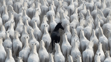 Obraz premium Black horse standing among a herd of white horses in contrast 