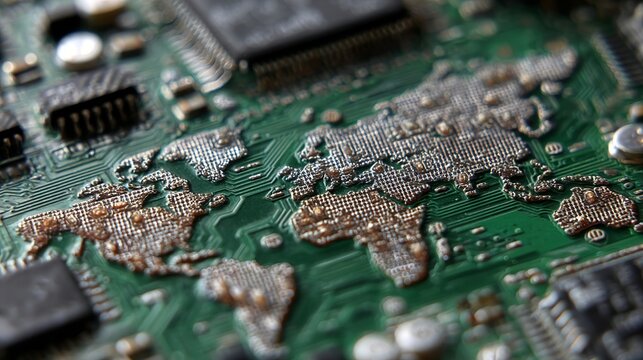 Global technology network concept depicted on a circuit board with intricate world map details and microchip components - Powered by Adobe