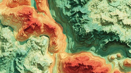 Vibrant topographic map visualization showing dynamic elevation changes with warm and cool color gradients, perfect for scientific or environmental themes.