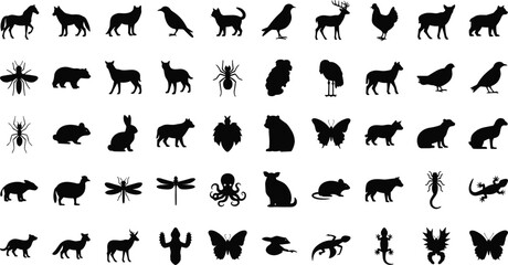 Variety of black animal silhouettes including wolf, bird, bear, deer, spider, butterfly, octopus, lizard, rabbit, and insect icons.