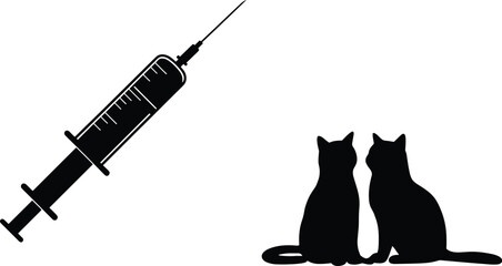 Syringe and two cats silhouette vector illustration, perfect for veterinary, medical, pet care, animal health, vaccination, and veterinary clinic designs.