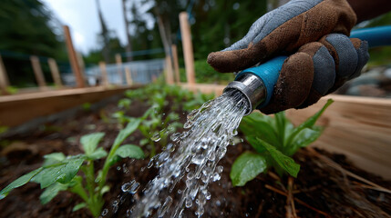 A close-up view of hands gripping a hose as water sprays onto freshly planted greens, showcasing the nurturing aspect of gardening and the connection to nature.