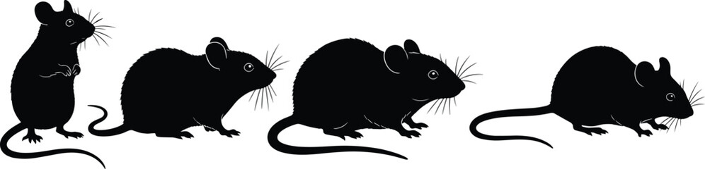Vector silhouette of different mice in various poses, black mouse animal clipart for wildlife, pest control, rodent-themed design.
