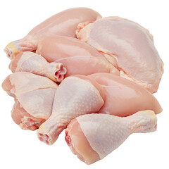 Fresh raw chicken cuts set including drumsticks, wings, thighs, and a breast fillet isolated. Essential ingredients for cooking, isolated on white or transparent background, PNG format.