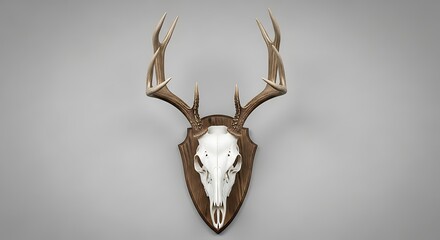 Mounted deer skull with antlers on a wooden shield against a neutral gray background offering