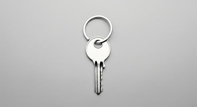 A clean, modern image of a silver key with a circular keyring, isolated against a neutral gray background, offering a versatile visual for security or accessibility concepts