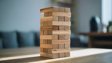 Precarious stack of wooden blocks on minimalist table – Ideal for game strategy, tension, or balance visuals