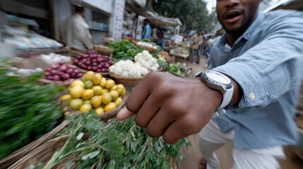 A lively market filled with vibrant vegetables and fruits, highlighting the essence of fresh produce and community engagement in daily life and commerce.